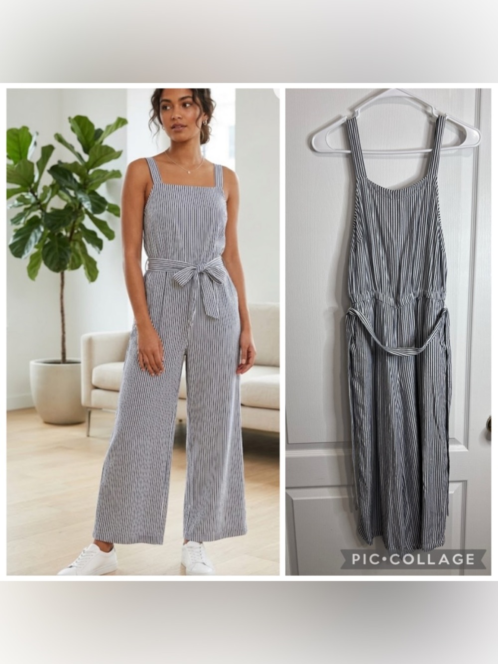 Old Navy Navy and White Striped Square-Neck Wide-Leg Jumpsuit size S
